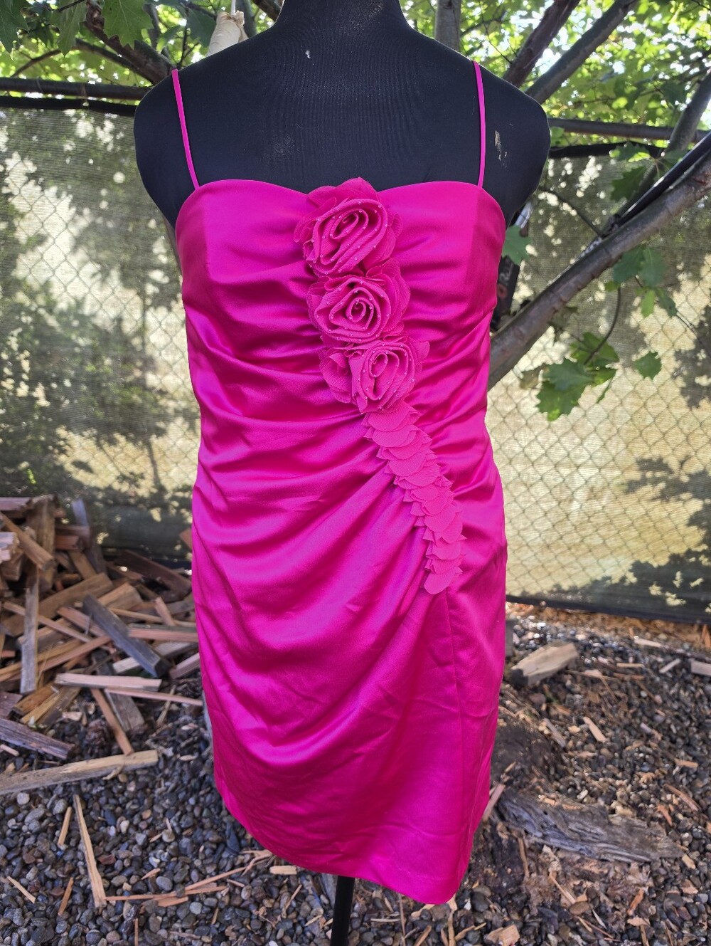 Vtg 90's Y2K Fushcia Pink Satin Bridesmaid Cocktail Dress Prom Millennial Bimbo